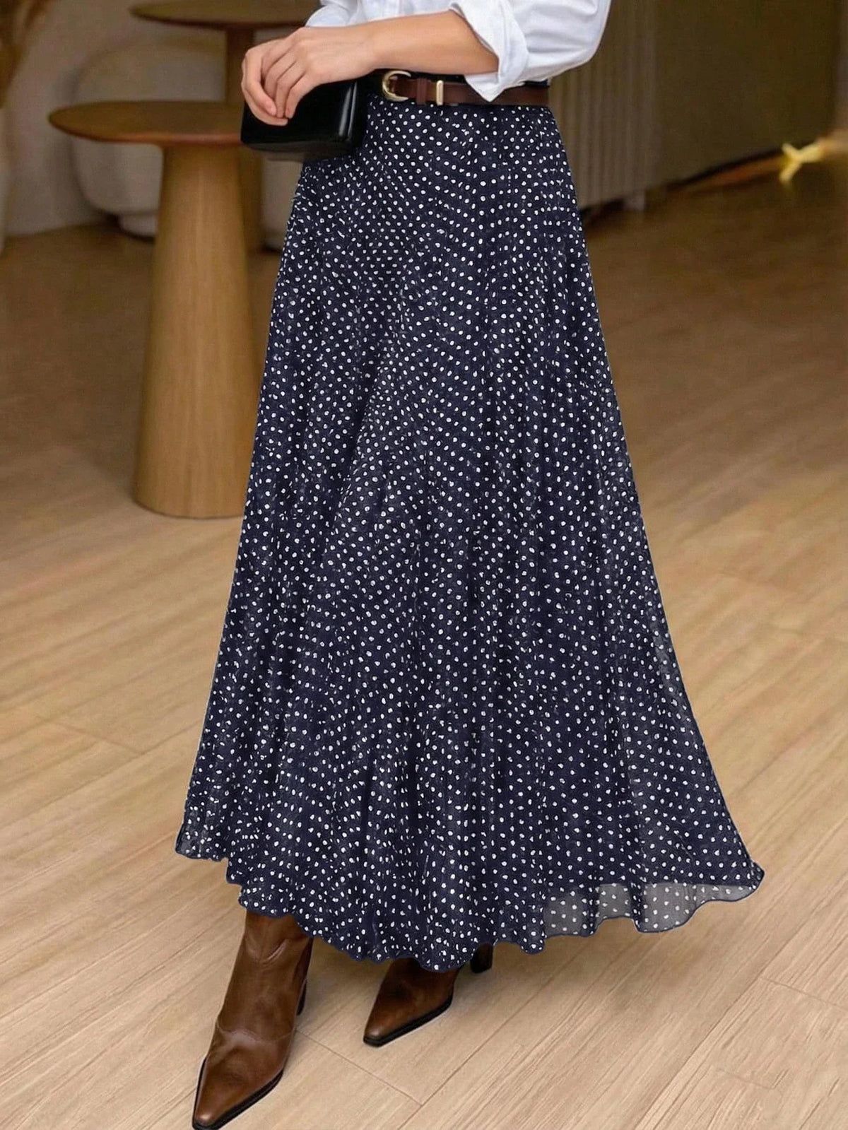 Saia Plissada Longa Feminina Elegante de Cintura Elástica com Bolinhas Poá