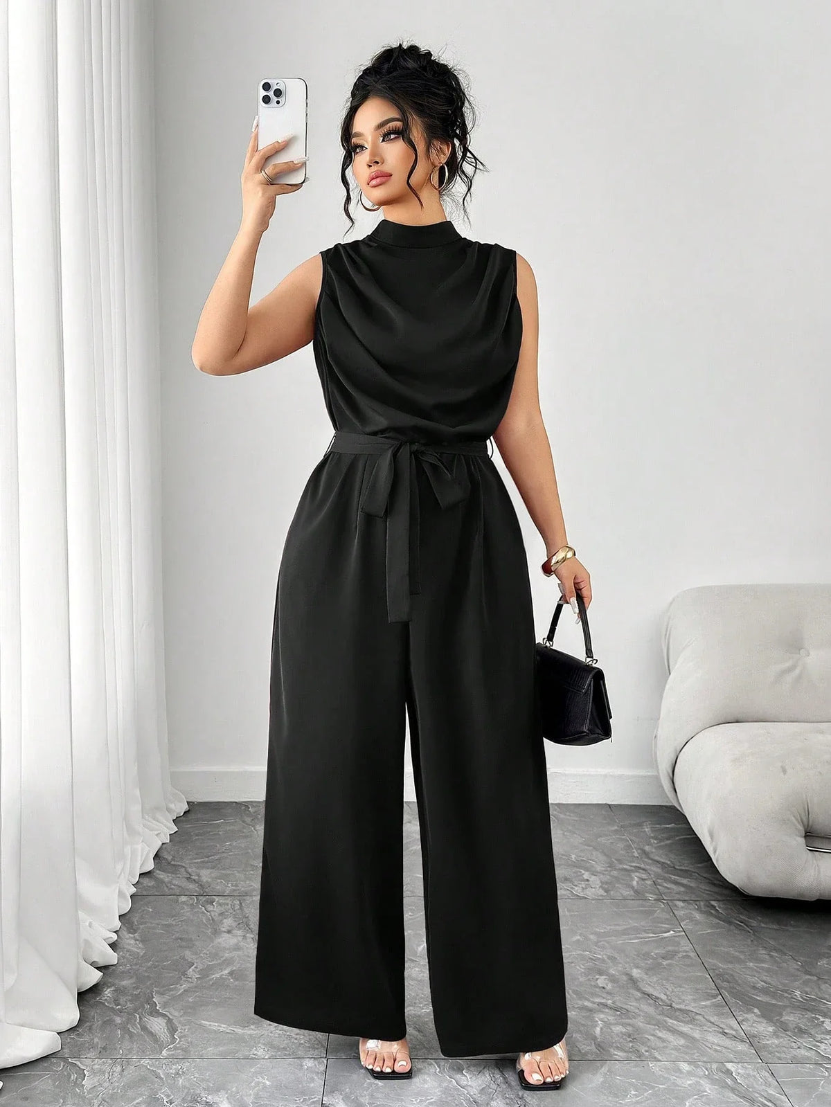 Macacão Plus Size Feminino Elegante Regata Gola Alta Pantalona