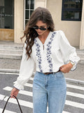 Camisa Feminina Casual Elegante de Manga Longa com Bordado e Botões