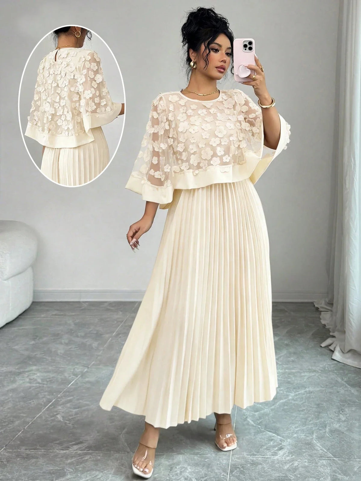 Vestido Midi para Festa com Renda Floral e Saia Plissada