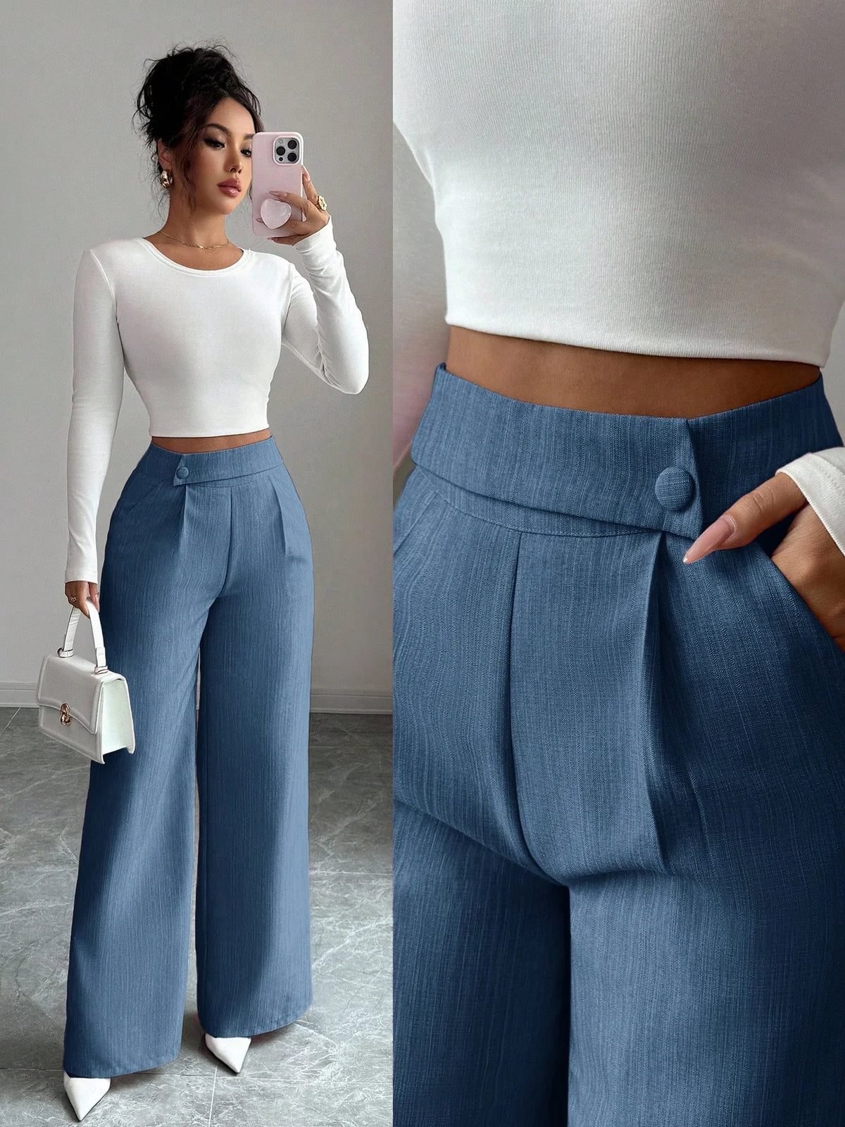Calça Feminina Elegante Alfaiataria Wide Leg com Botão Lateral