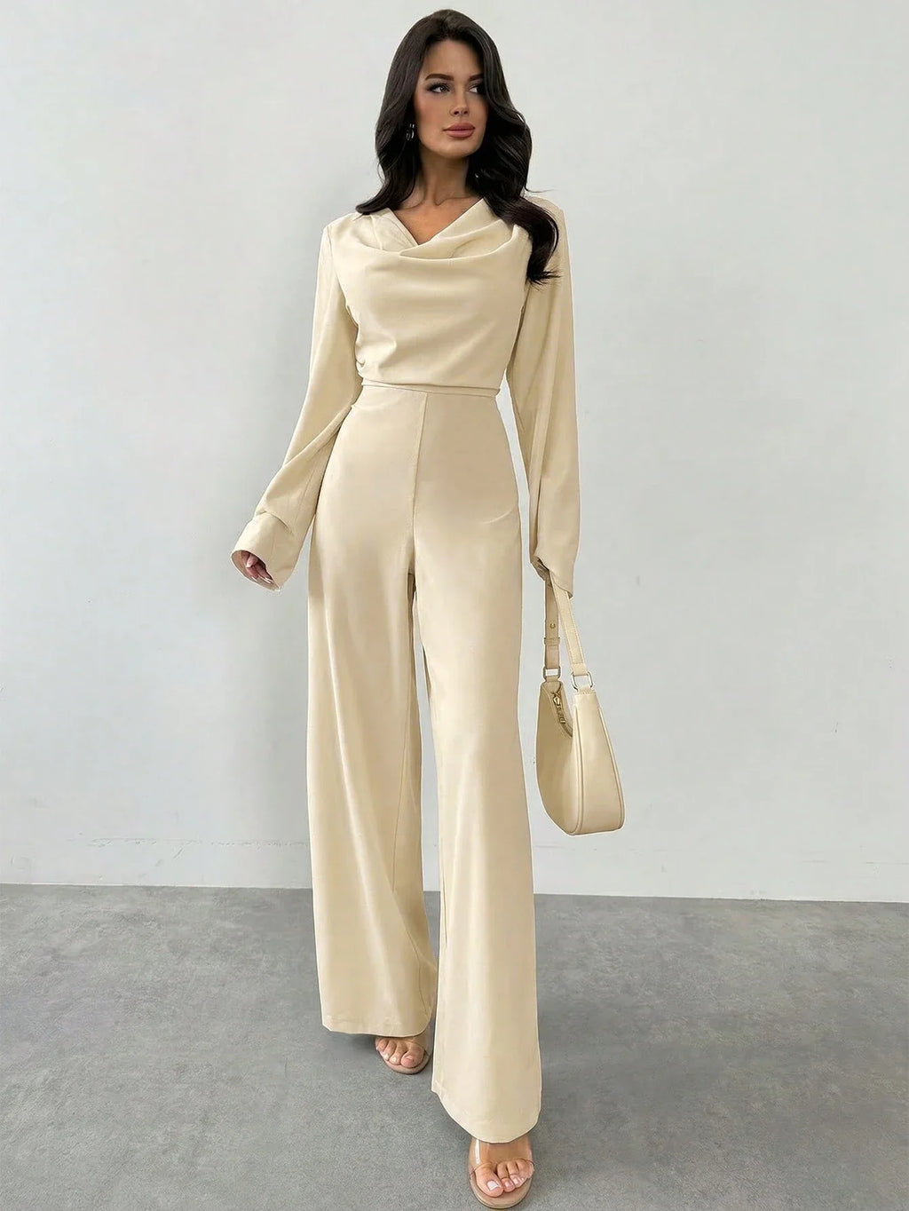 Macacão Elegante Feminino Manga Longa Decote Drapeado