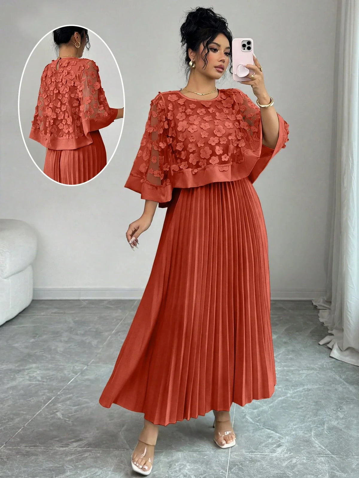 Vestido Midi para Festa com Renda Floral e Saia Plissada