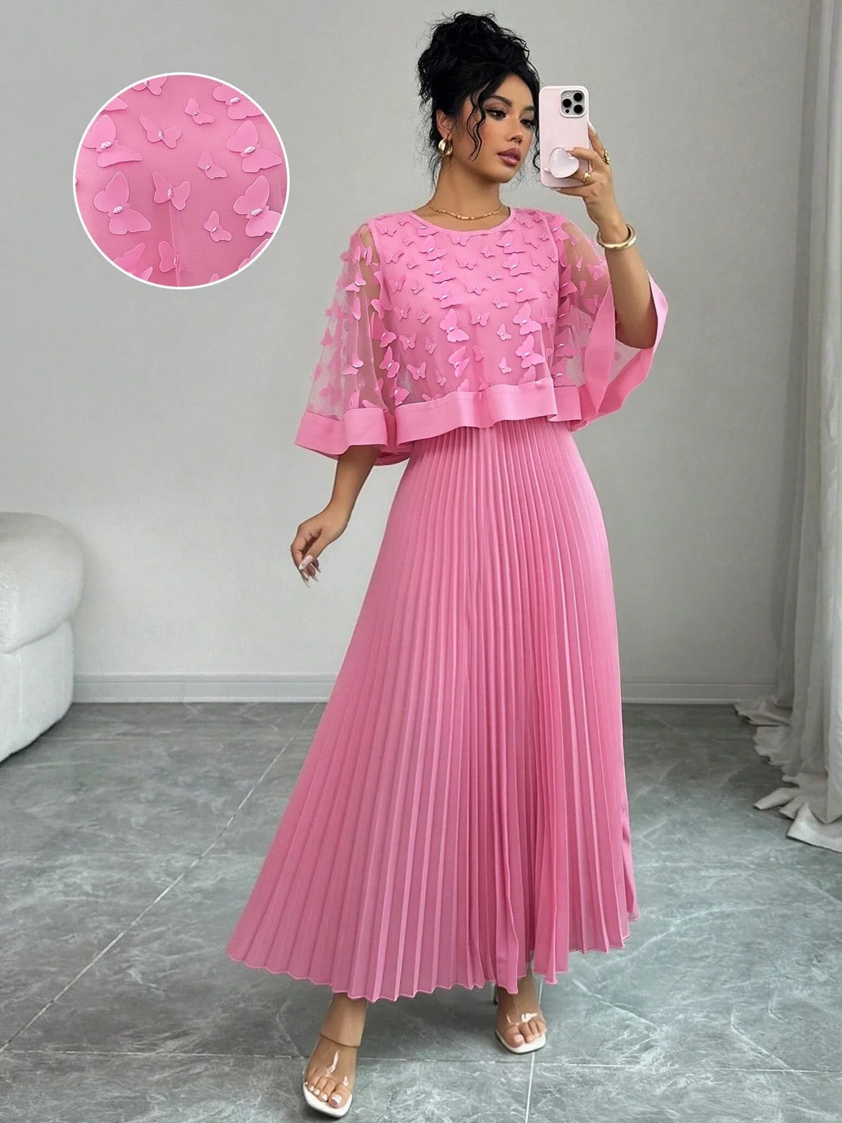 Vestido Midi para Festa com Renda Floral e Saia Plissada