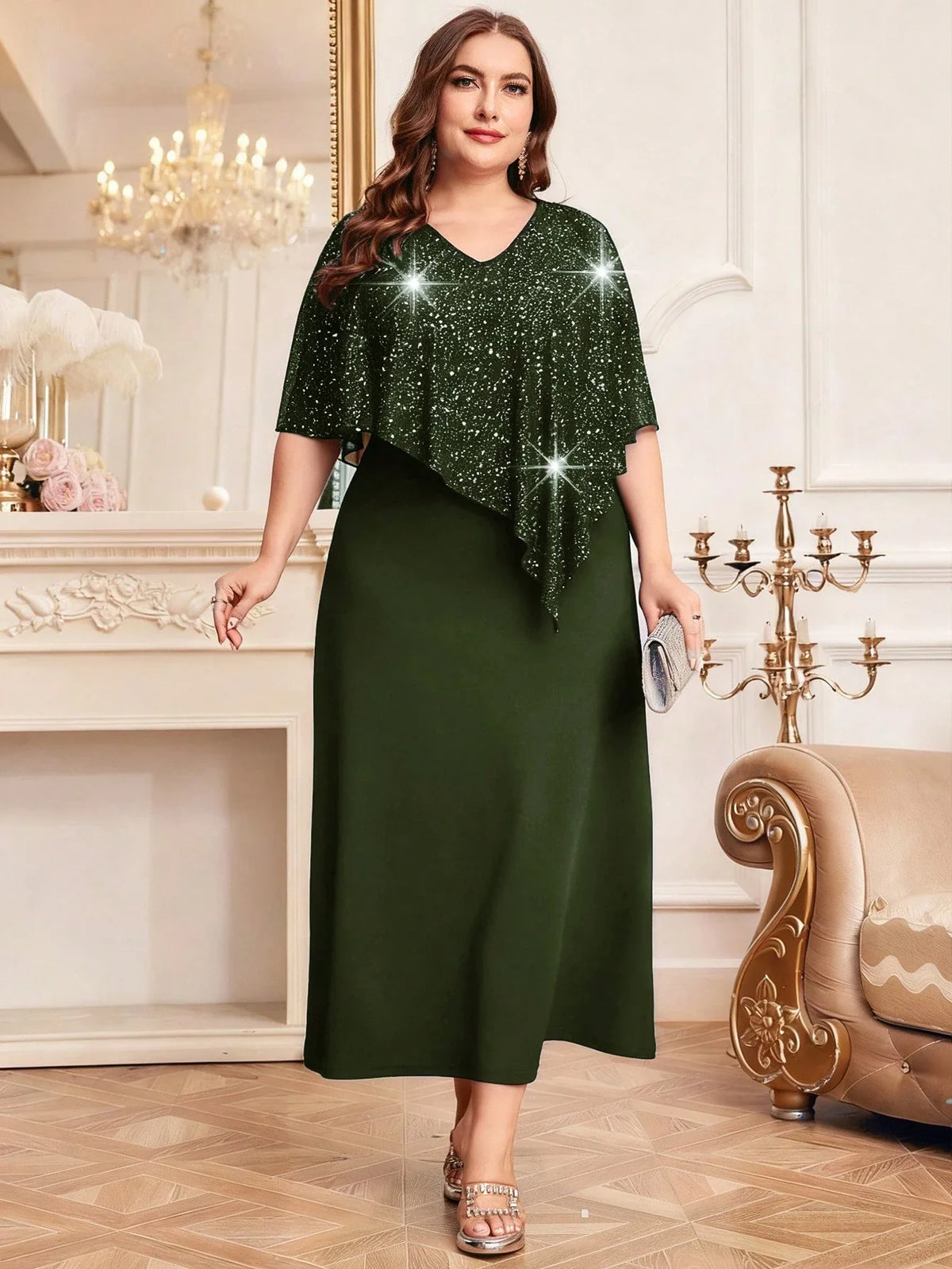 Vestido Festa Longo Plus Size Brilhoso com Capa Brilhoso