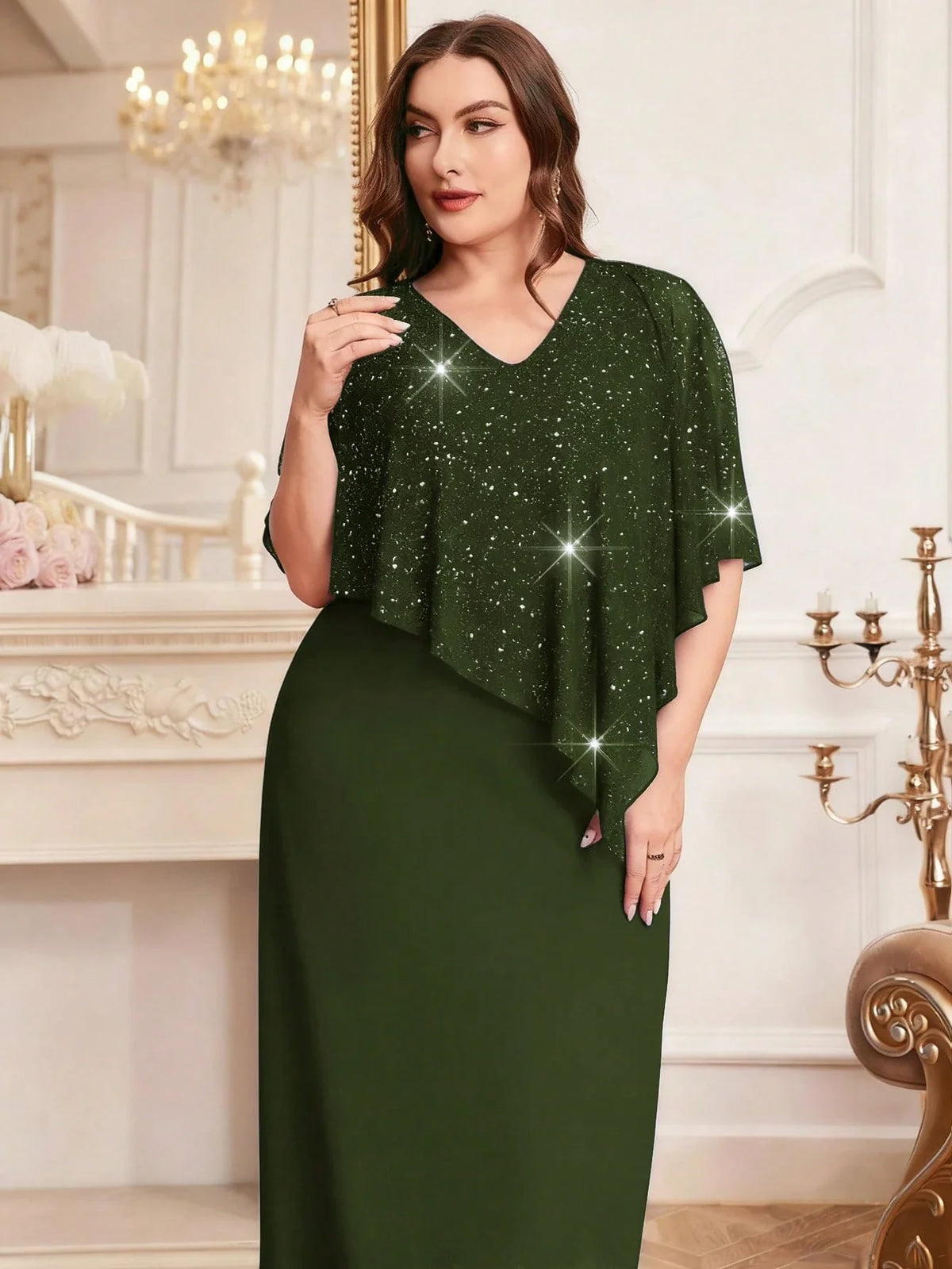Vestido Festa Longo Plus Size Brilhoso com Capa Brilhoso