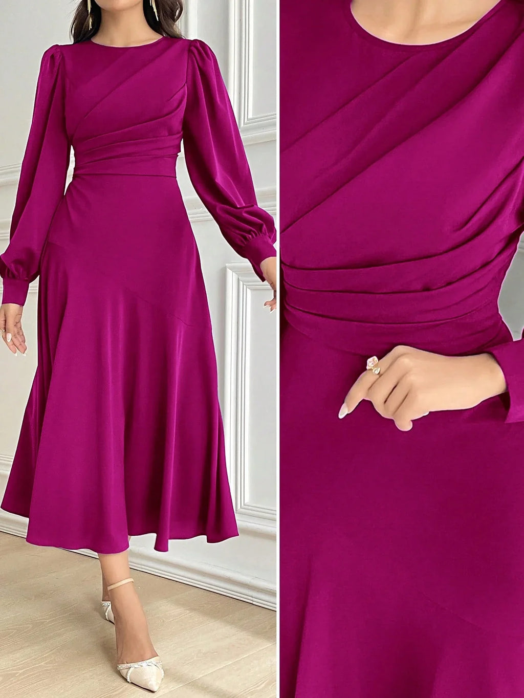 Vestido Midi Elegante Acinturado Manga Comprida