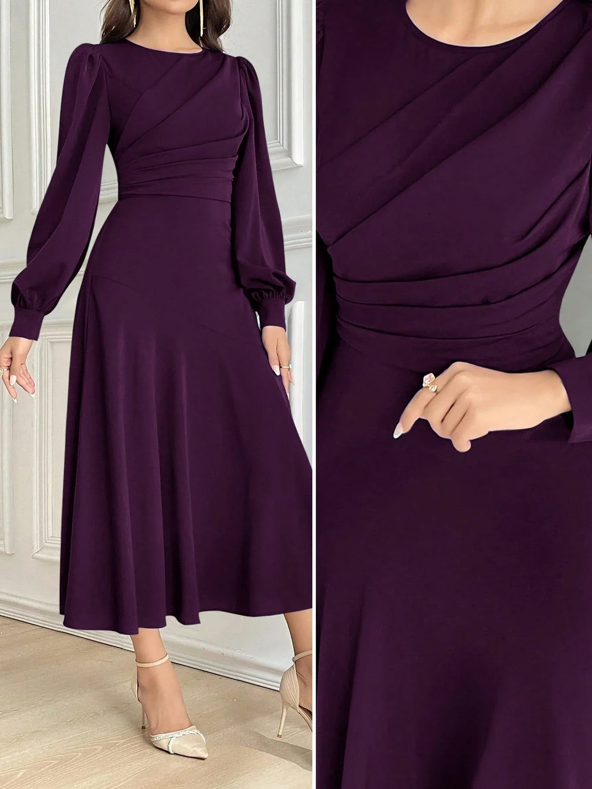 Vestido Midi Elegante Acinturado Manga Comprida