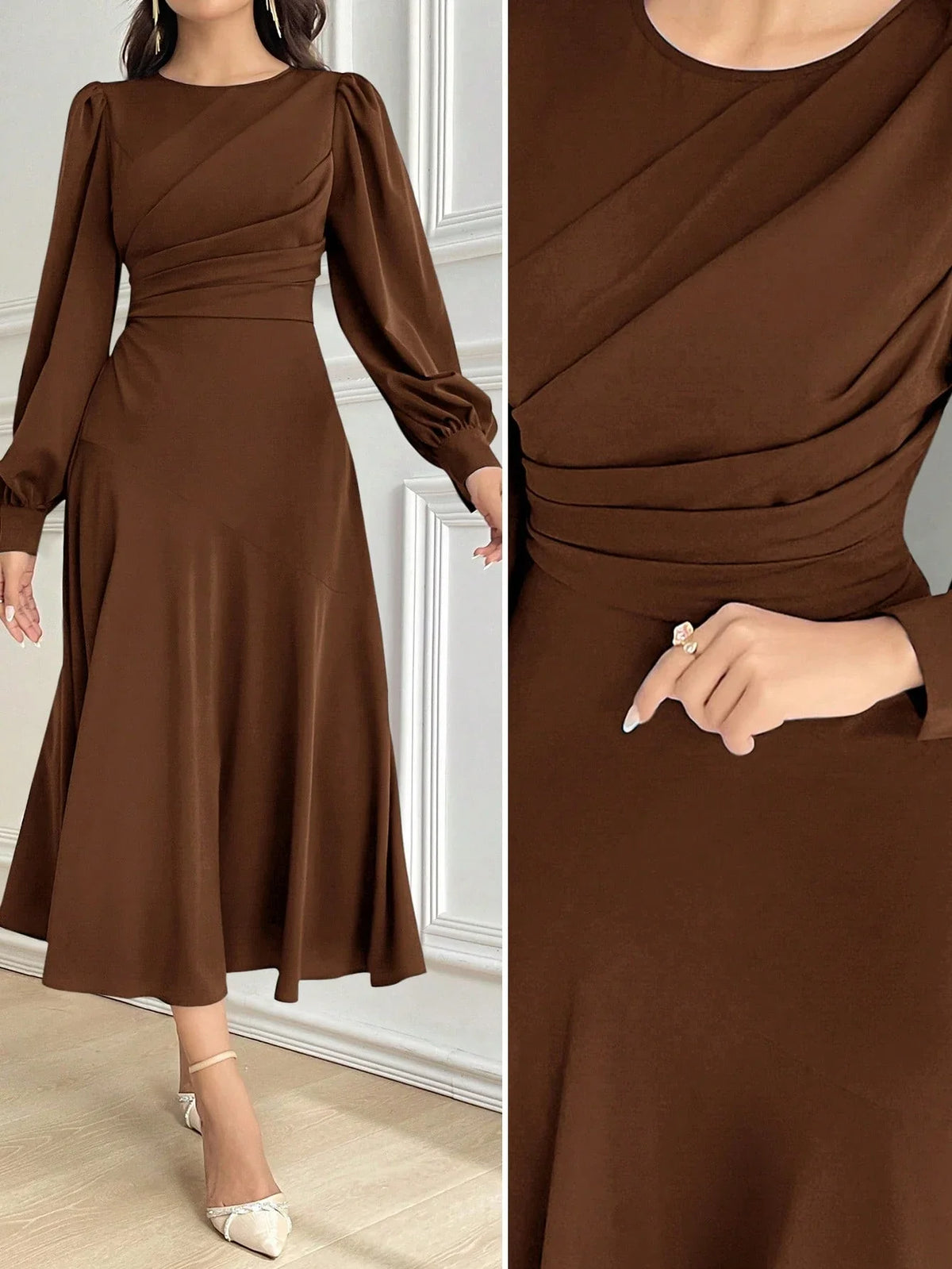 Vestido Midi Elegante Acinturado Manga Comprida