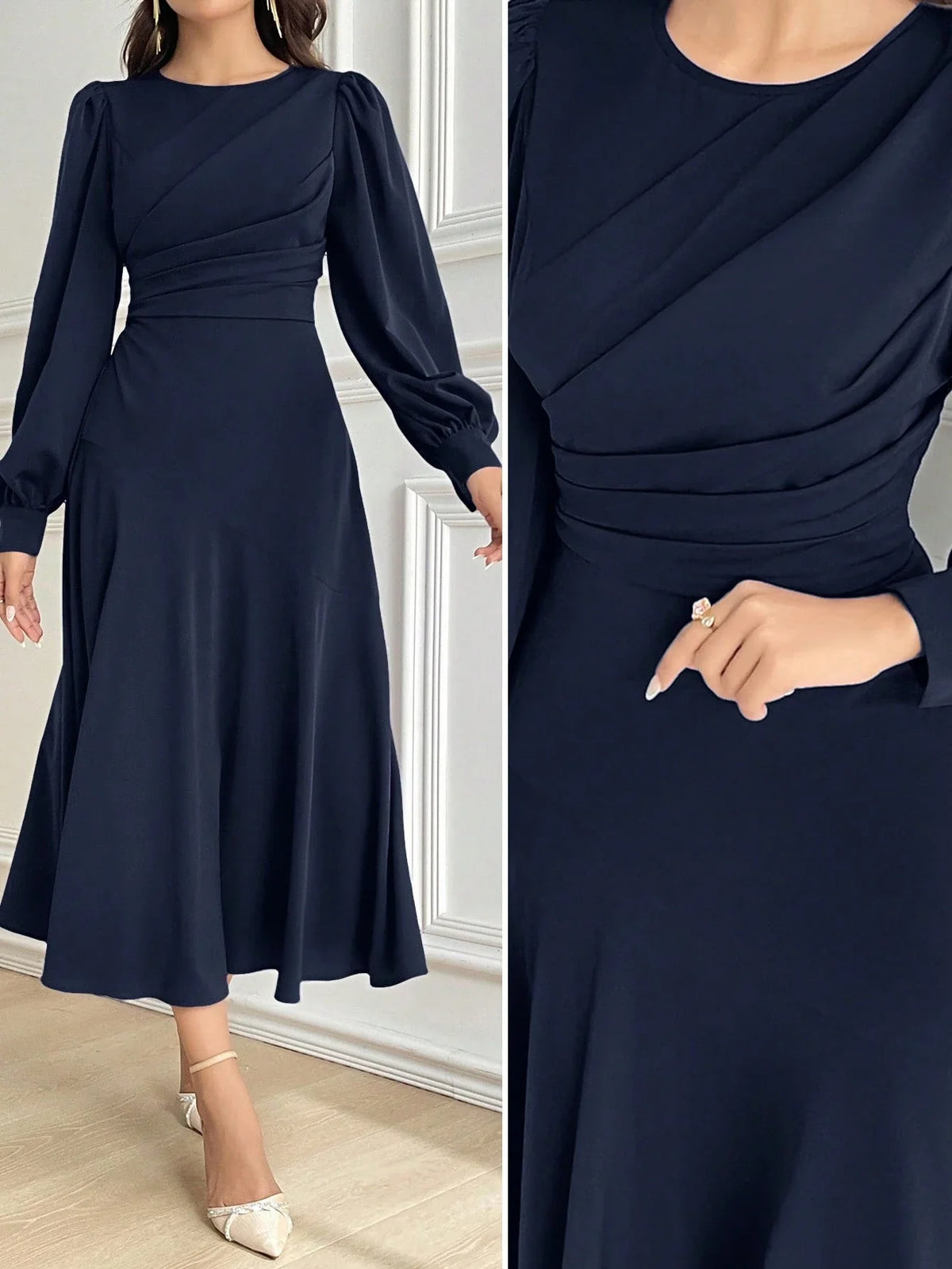 Vestido Midi Elegante Acinturado Manga Comprida