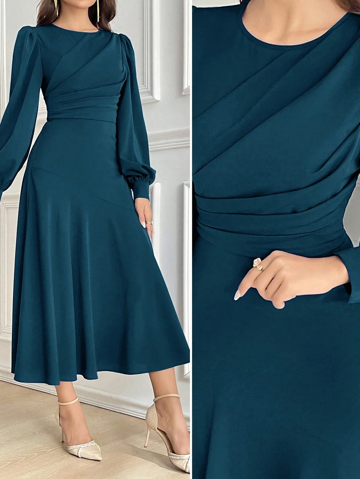 Vestido Midi Elegante Acinturado Manga Comprida
