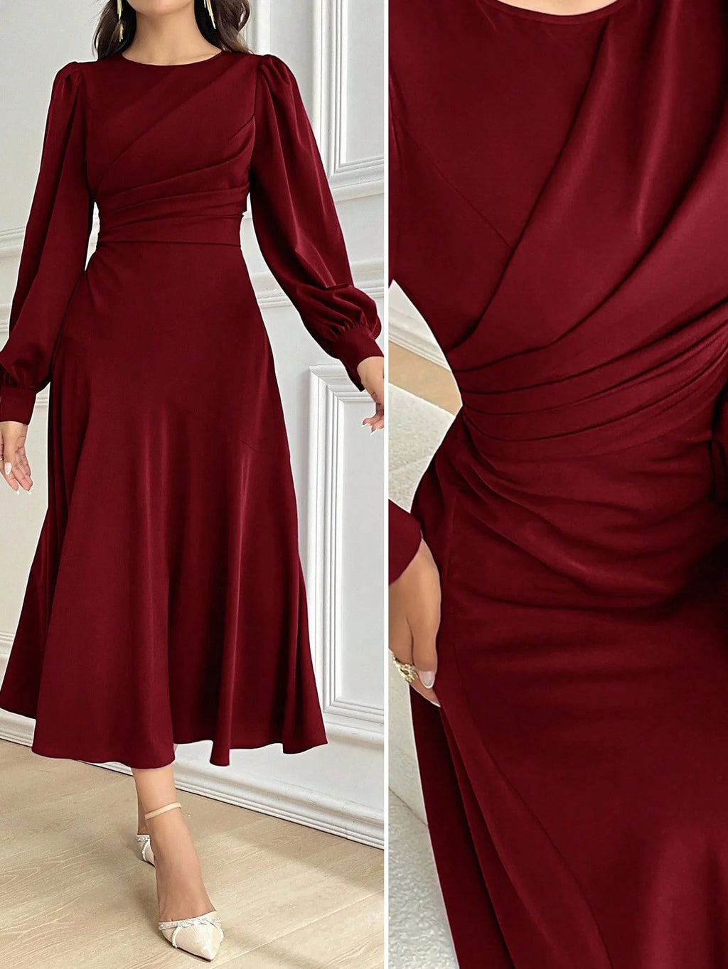 Vestido Midi Elegante Acinturado Manga Comprida