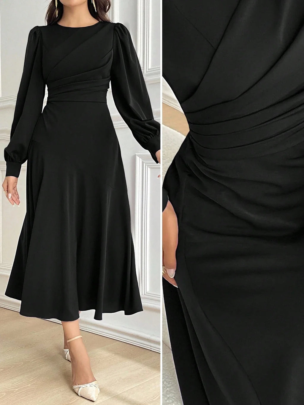 Vestido Midi Elegante Acinturado Manga Comprida