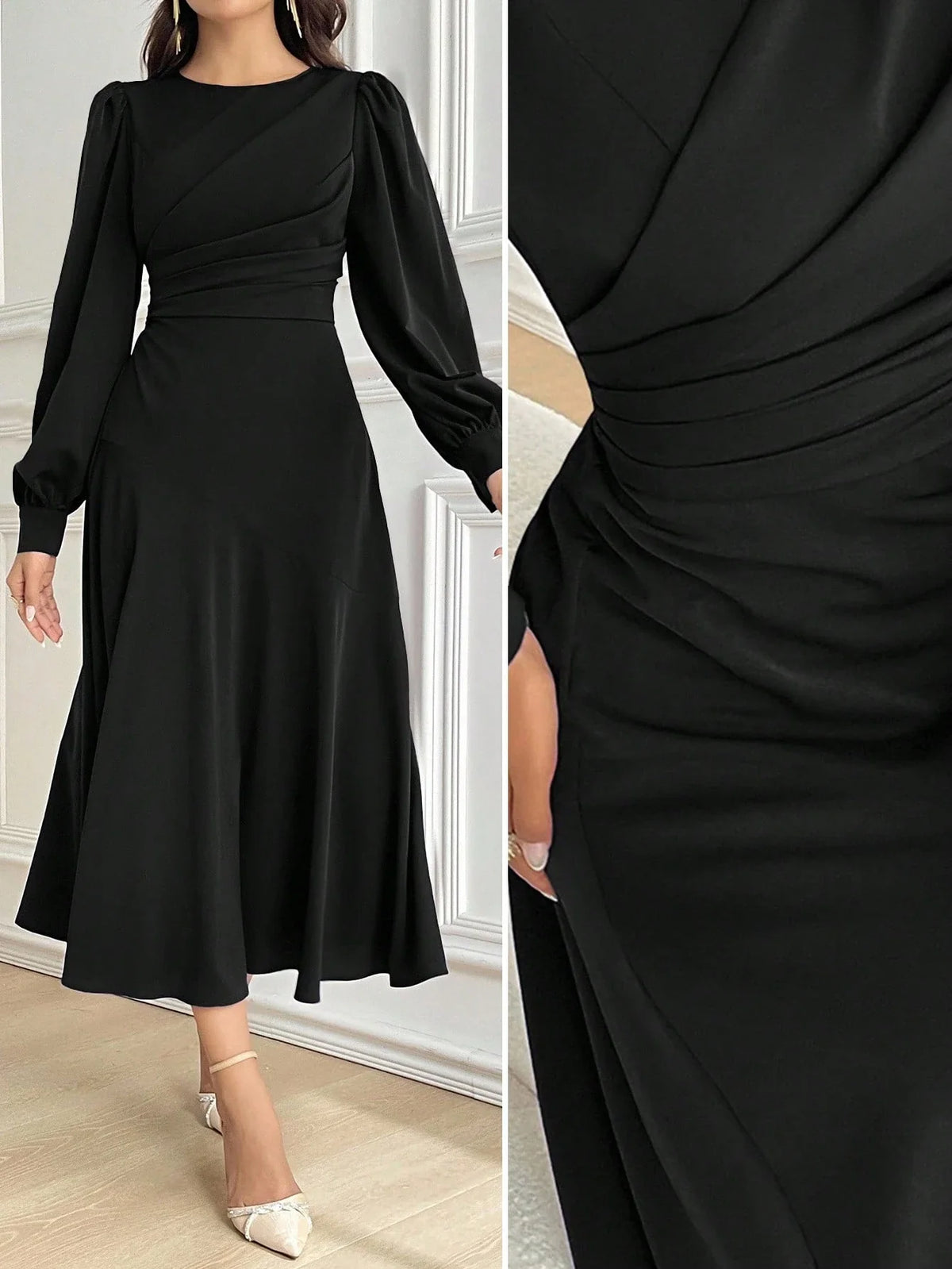 Vestido Midi Elegante Acinturado Manga Comprida