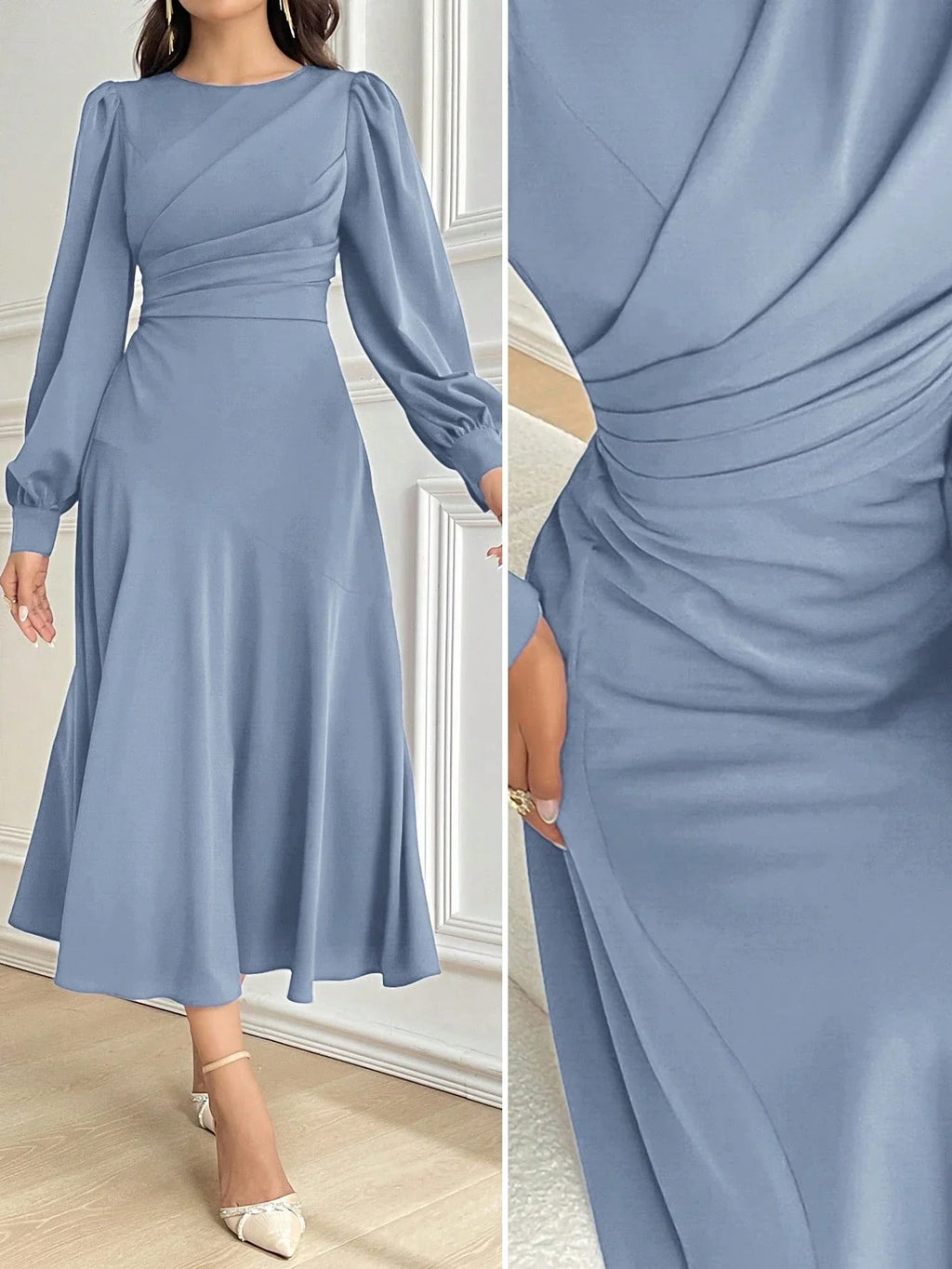 Vestido Midi Elegante Acinturado Manga Comprida