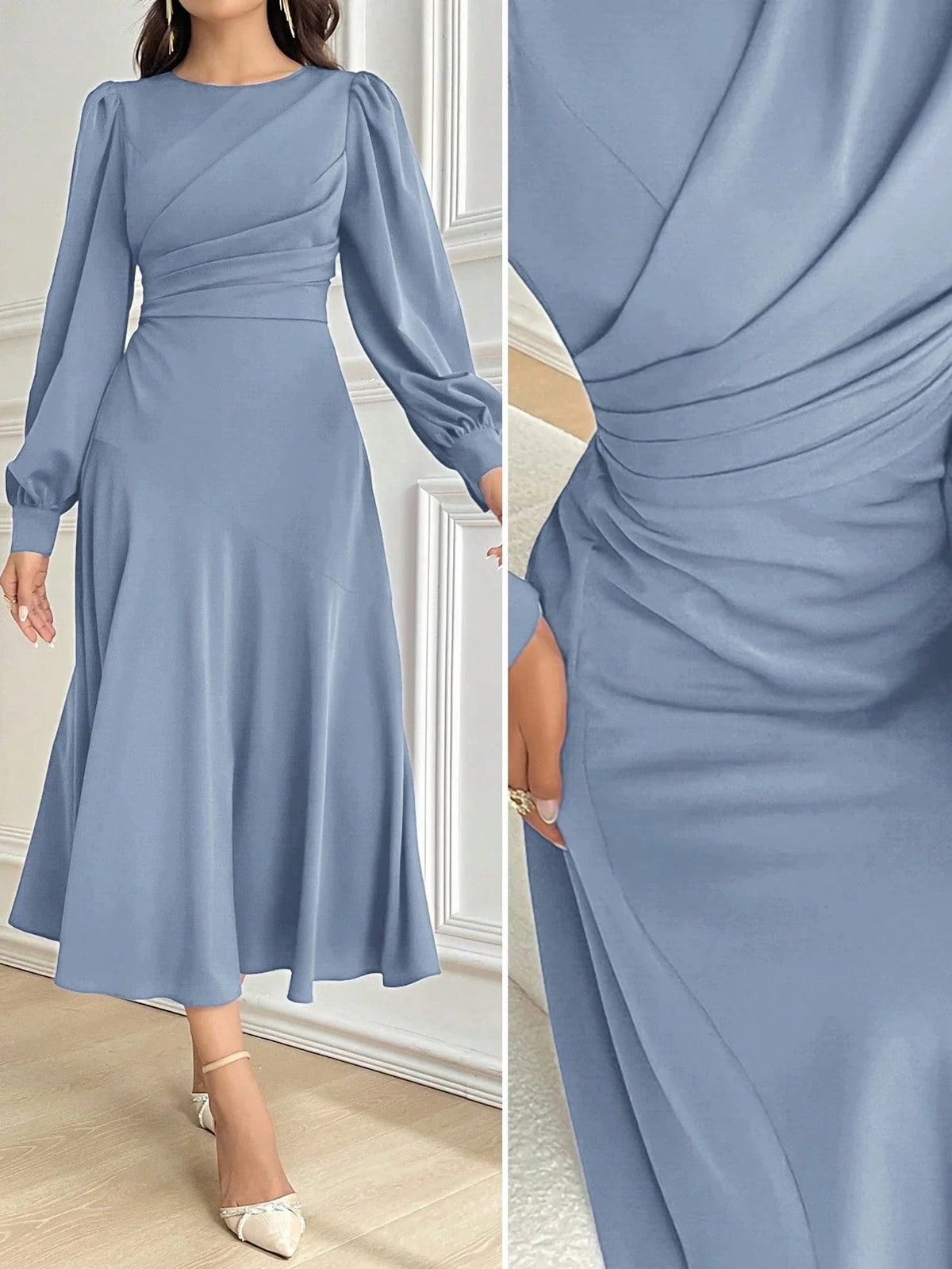 Vestido Midi Elegante Acinturado Manga Comprida