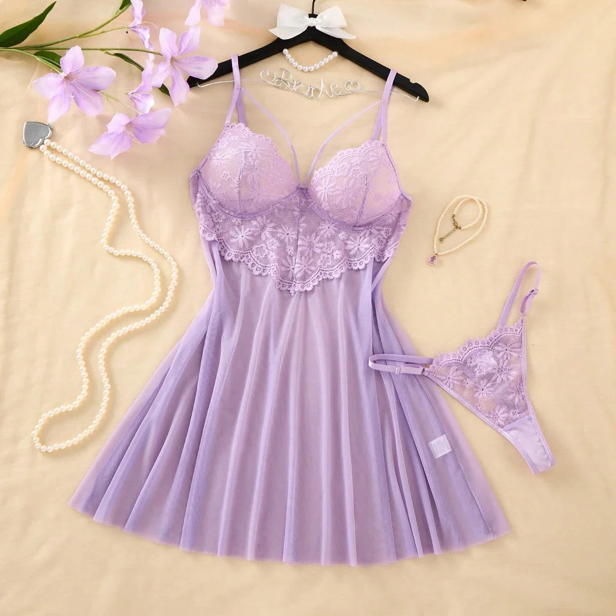 Conjunto Camisola Feminina Sensual com Renda e Calcinha Fio Dental