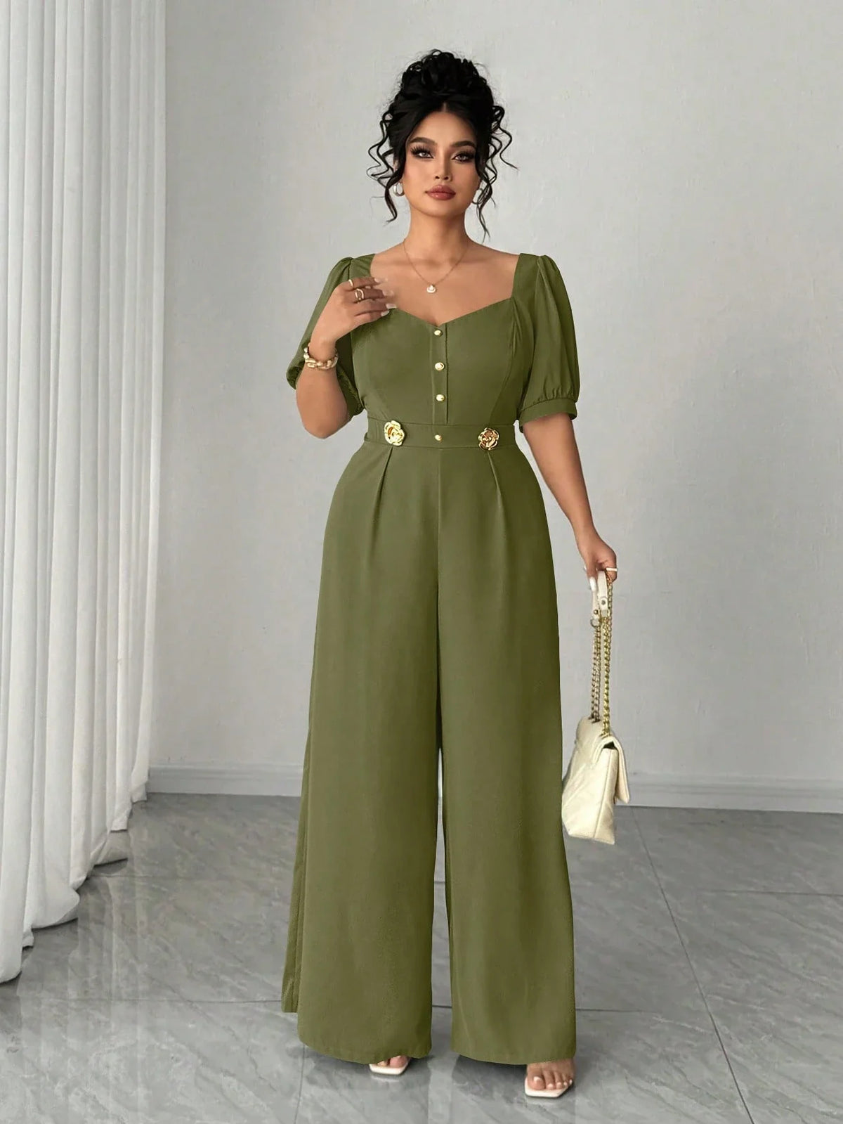 Macacão Elegante Plus Size Pantalona Manga Curta Bufante