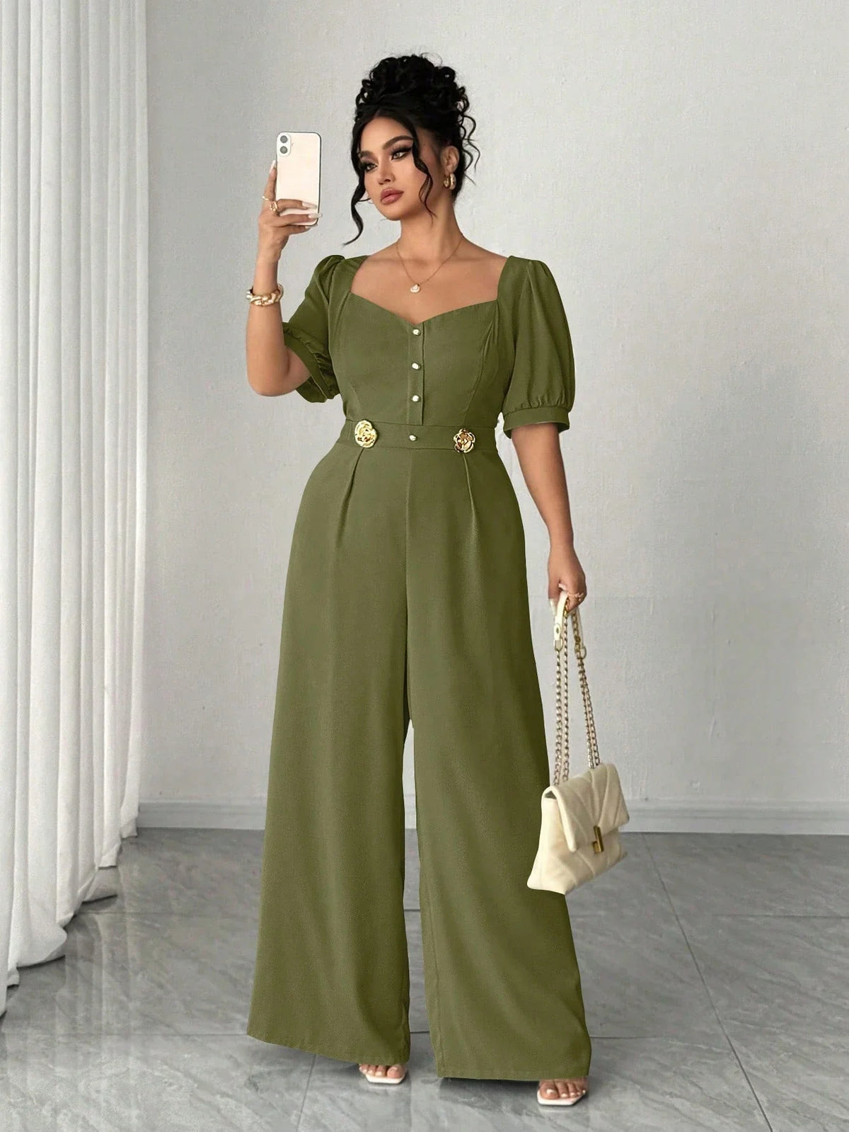 Macacão Elegante Plus Size Pantalona Manga Curta Bufante