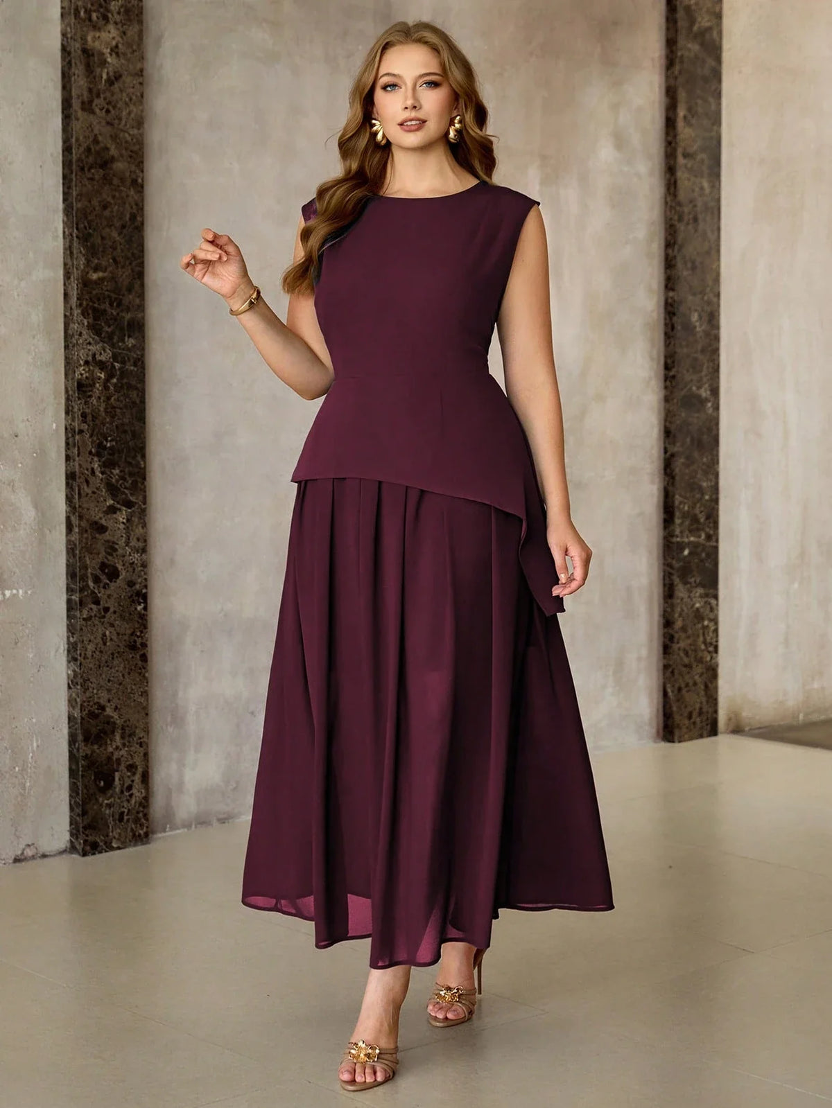 Vestido Longo Plus Size Sem Mangas em Chiffon Festa Convidada