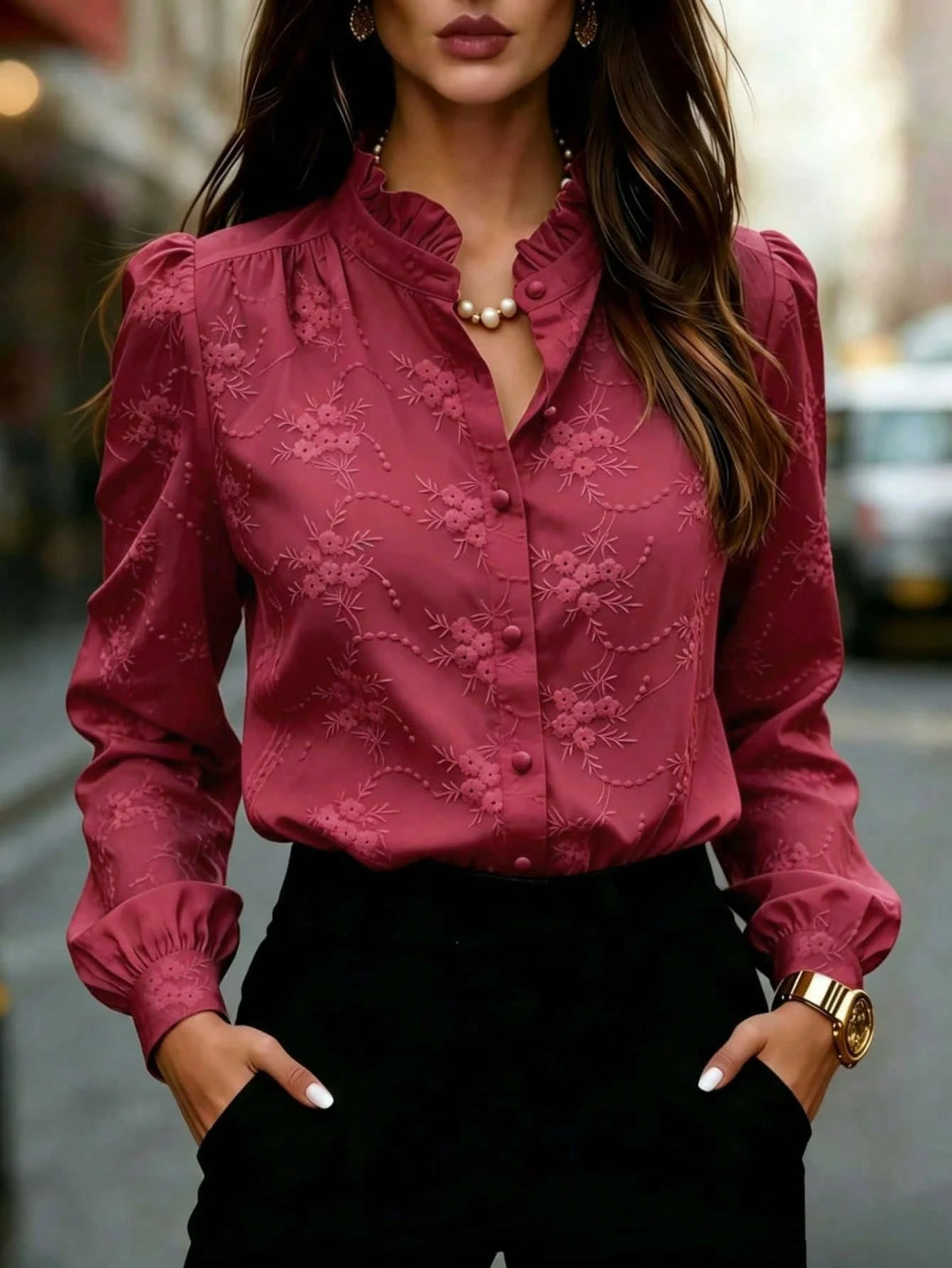 Camisa Feminina Elegante Manga Longa Bufante Bordado Floral