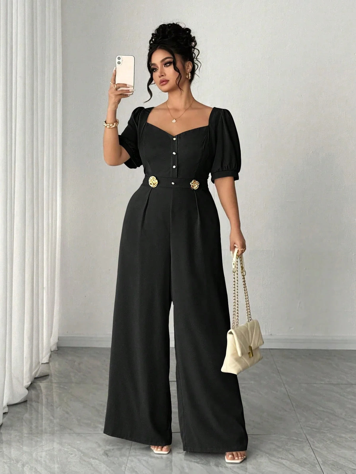 Macacão Elegante Plus Size Pantalona Manga Curta Bufante