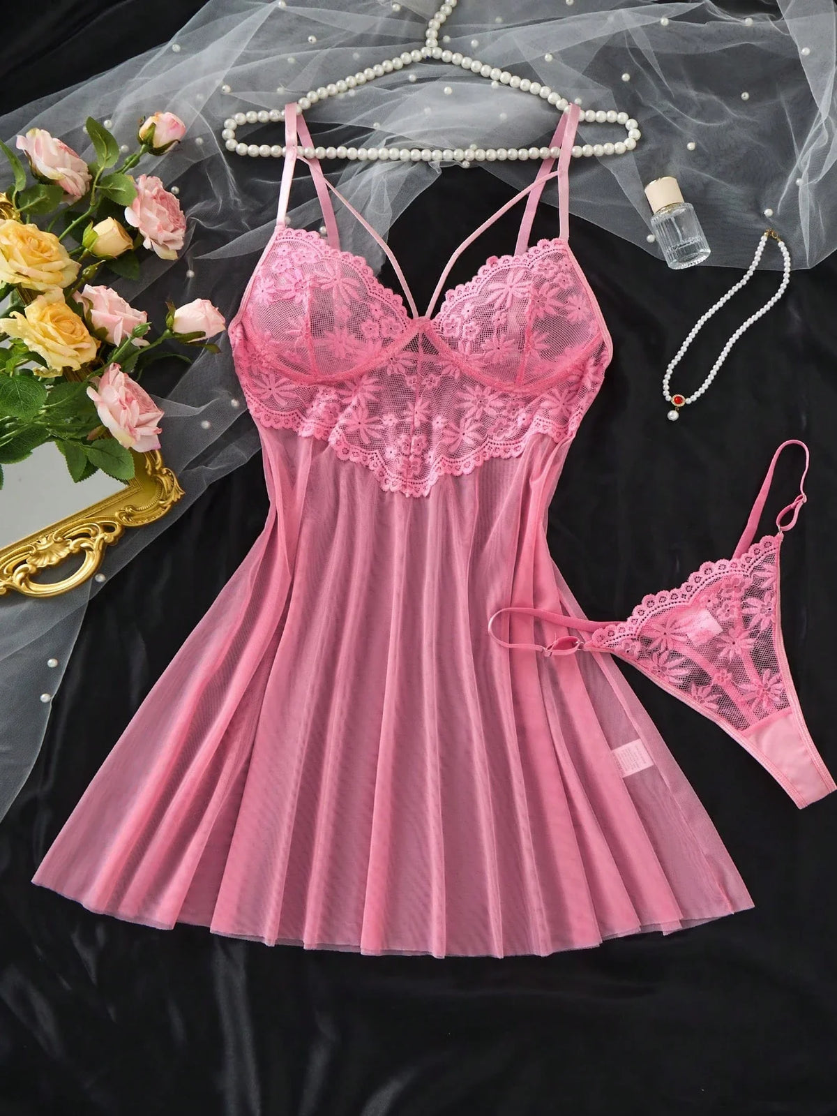 Conjunto Camisola Feminina Sensual com Renda e Calcinha Fio Dental