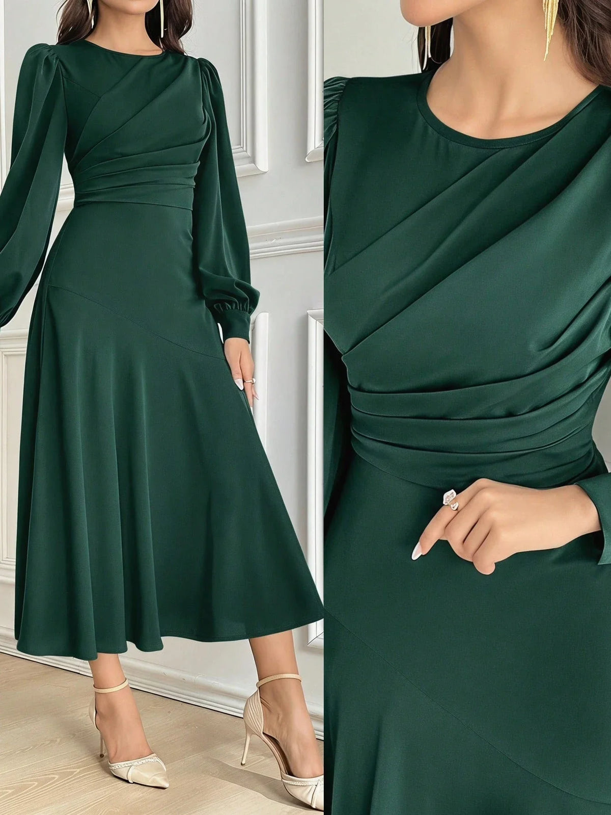 Vestido Midi Elegante Acinturado Manga Comprida