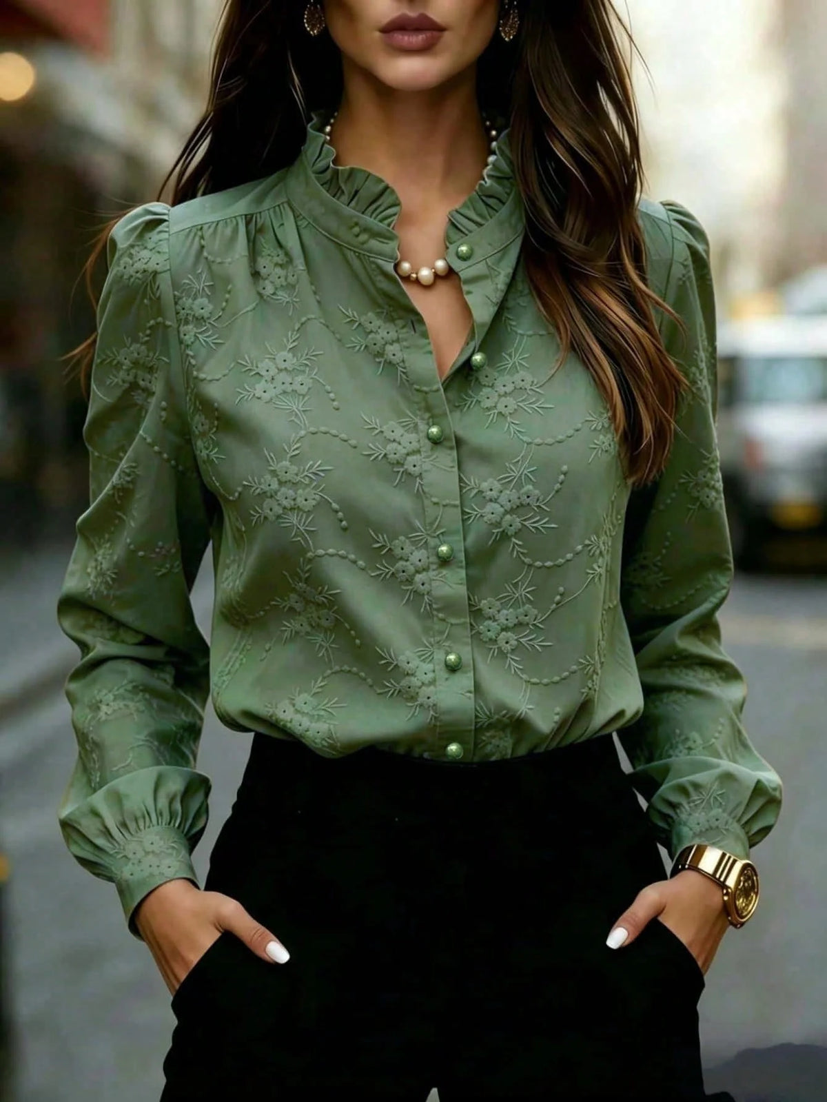 Camisa Feminina Elegante Manga Longa Bufante Bordado Floral