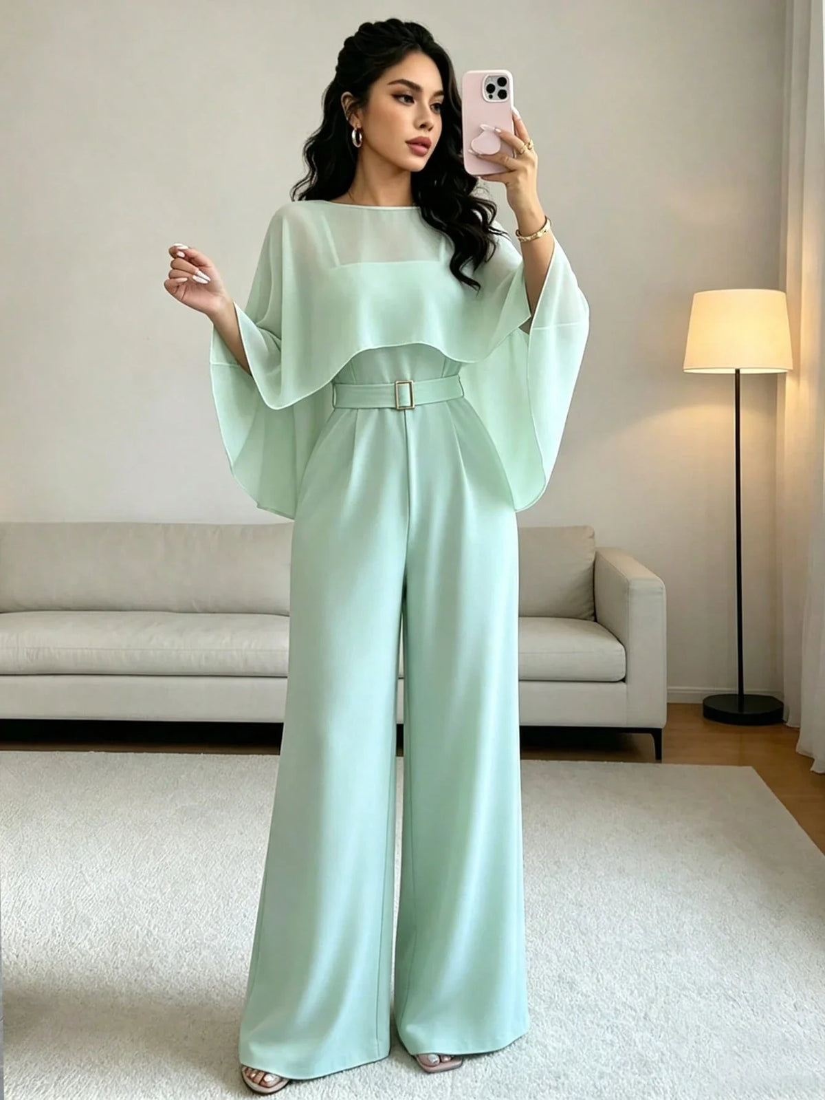 Macacão Elegante Feminino Pantalona com Xale de Tule e Cinto