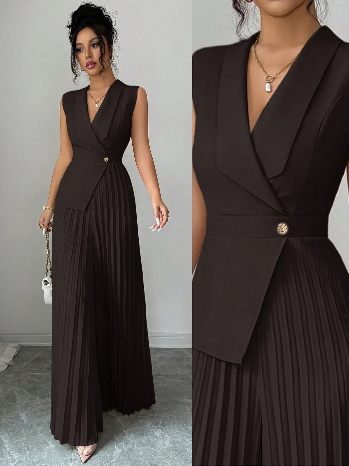Macacão Alfaiataria Feminino Elegante Sem Mangas Plissado