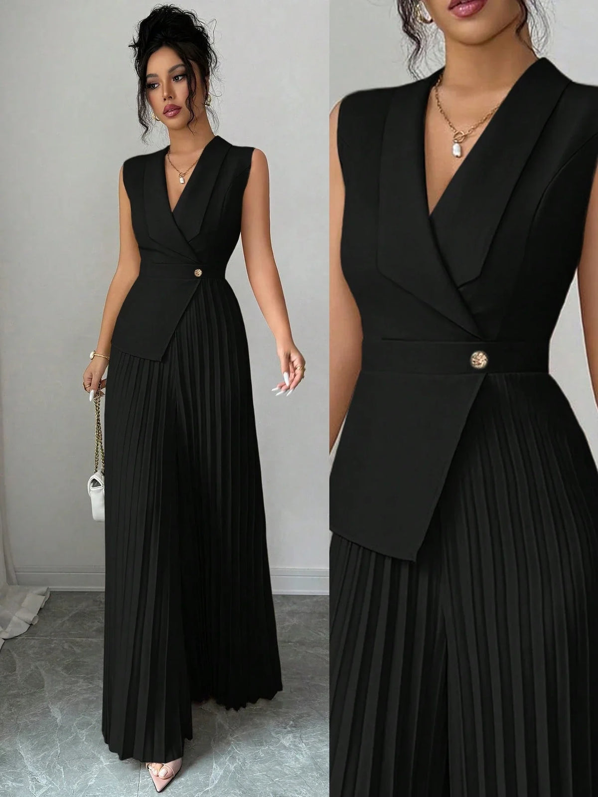Macacão Alfaiataria Feminino Elegante Sem Mangas Plissado