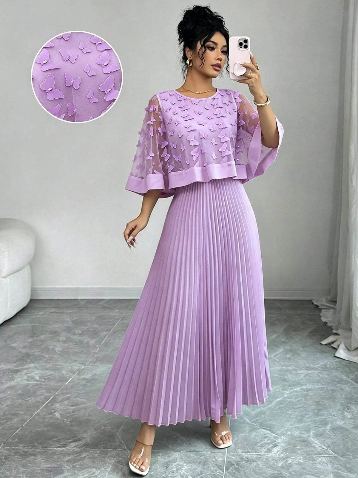 Vestido Midi para Festa com Renda Floral e Saia Plissada