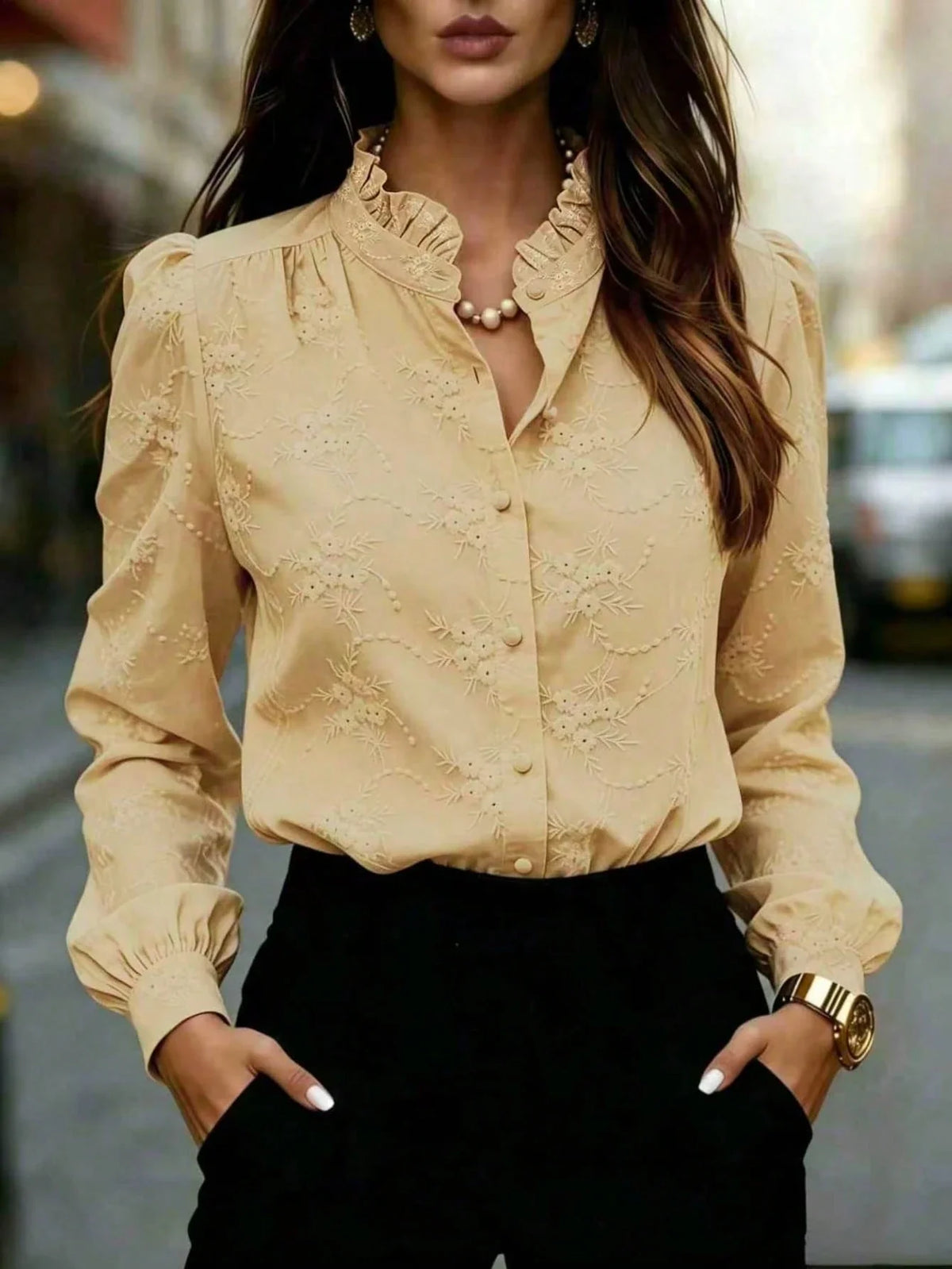 Camisa Feminina Elegante Manga Longa Bufante Bordado Floral