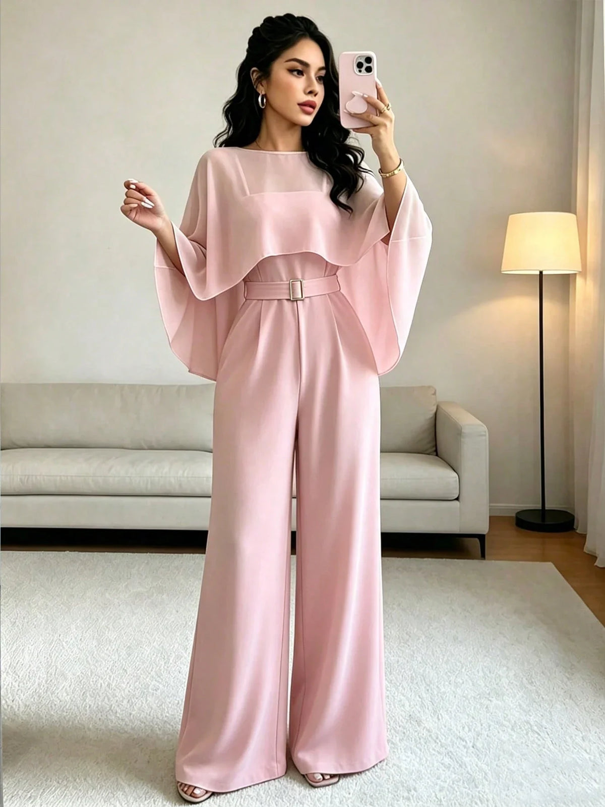 Macacão Elegante Feminino Pantalona com Xale de Tule e Cinto