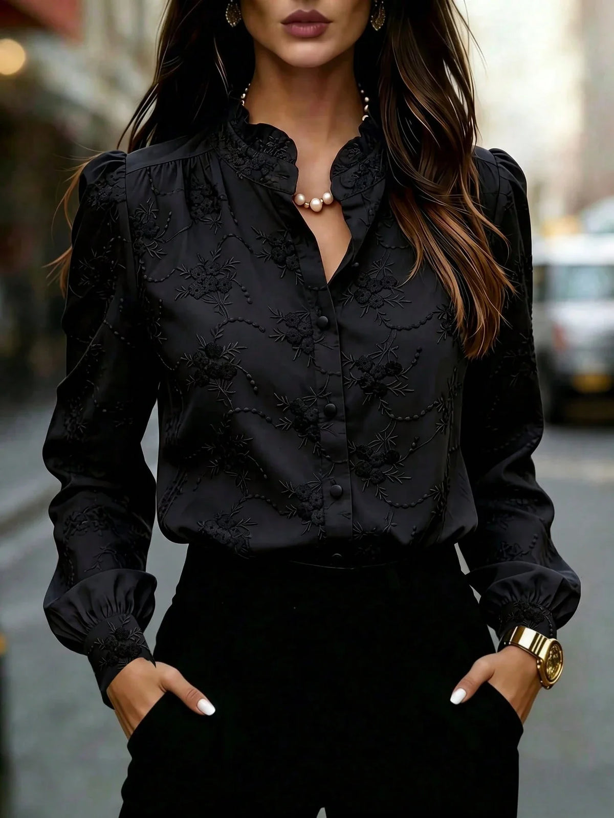 Camisa Feminina Elegante Manga Longa Bufante Bordado Floral