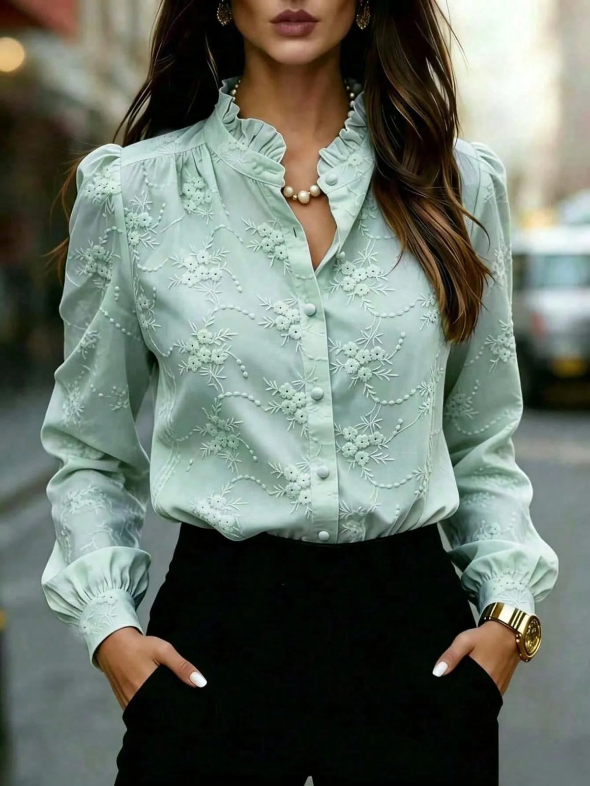 Camisa Feminina Elegante Manga Longa Bufante Bordado Floral