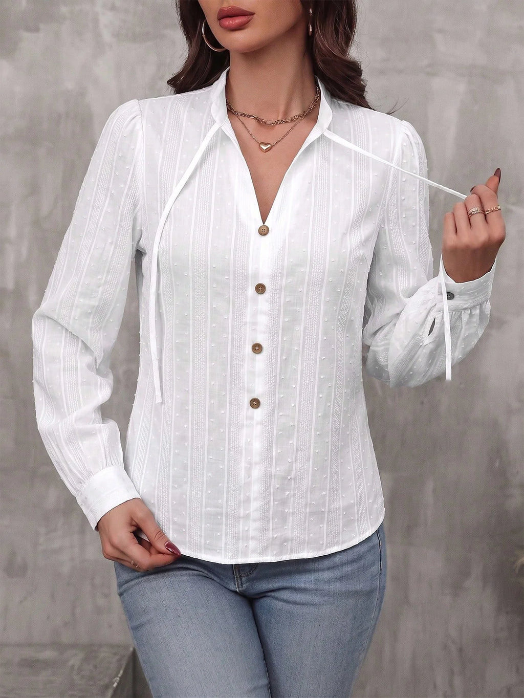 Camisa Feminina Elegante com Laço e Botões Texturizada 100% Algodão
